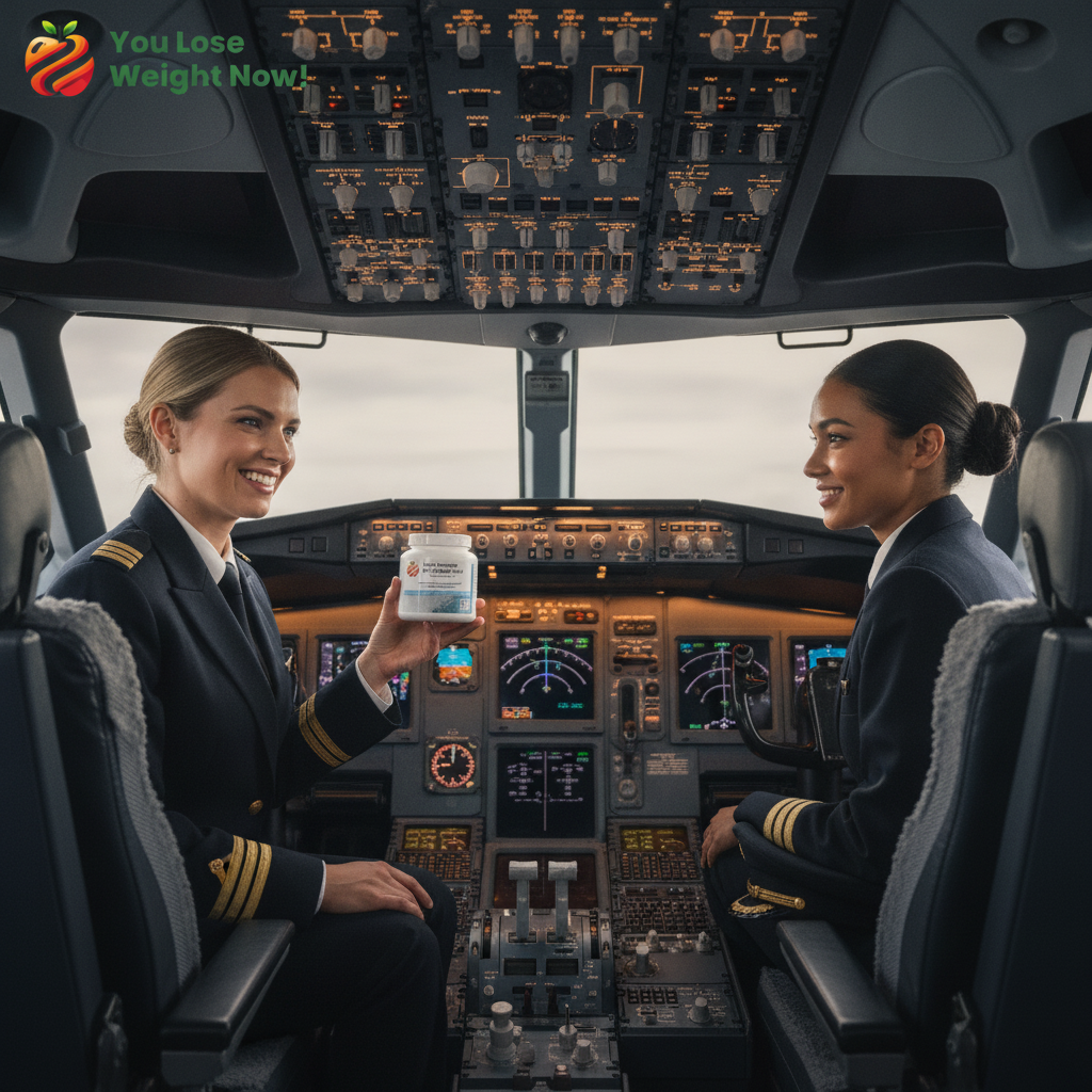 Two female pilots — one White, one South Asian — in their late twenties sit in a commercial aircraft cockpit wearing captain's uniforms with gold epaulette stripes and pilot caps. One holds the YouLoseWeightNow! Pure Creatine Monohydrate Surge pot, grinning at her co-pilot with cockpit instruments glowing behind them. The YouLoseWeightNow! logo is visible in the top left corner of the image.