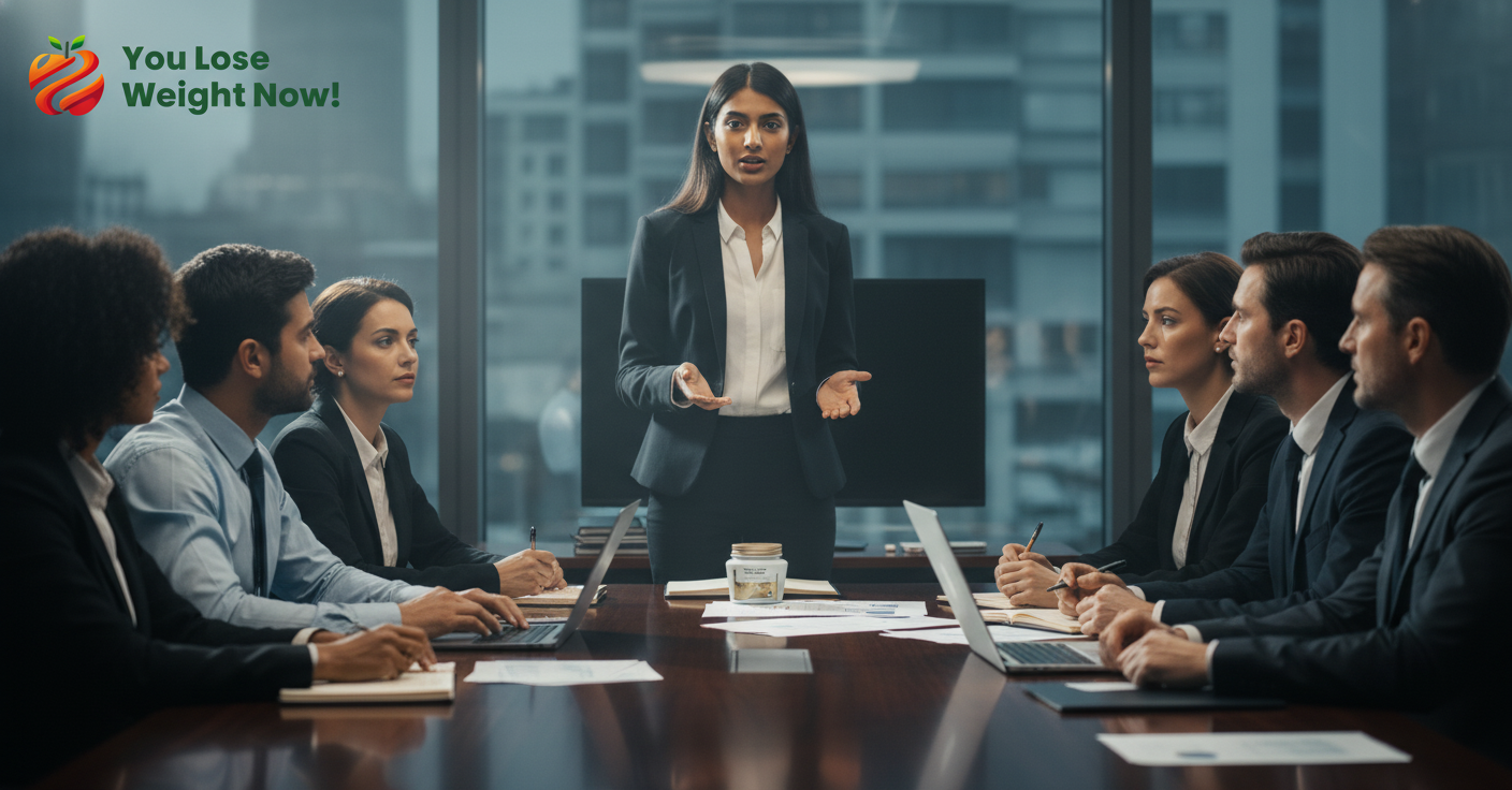 Young South Asian woman presenting confidently at a boardroom meeting, colleagues watching, YouLoseWeightNow! Maca Ginseng Energy Surge flat pot visible on the table
