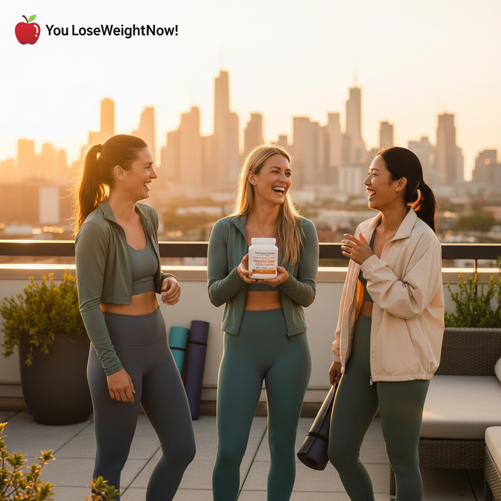 Three women on a rooftop terrace at golden hour sunrise, yoga mats rolled out with the city skyline glowing behind them. One holds the YouLoseWeightNow! Pumpkin Clove Gut Cleanse pot as all three laugh together. The YouLoseWeightNow! logo is visible in the top left corner of the image.