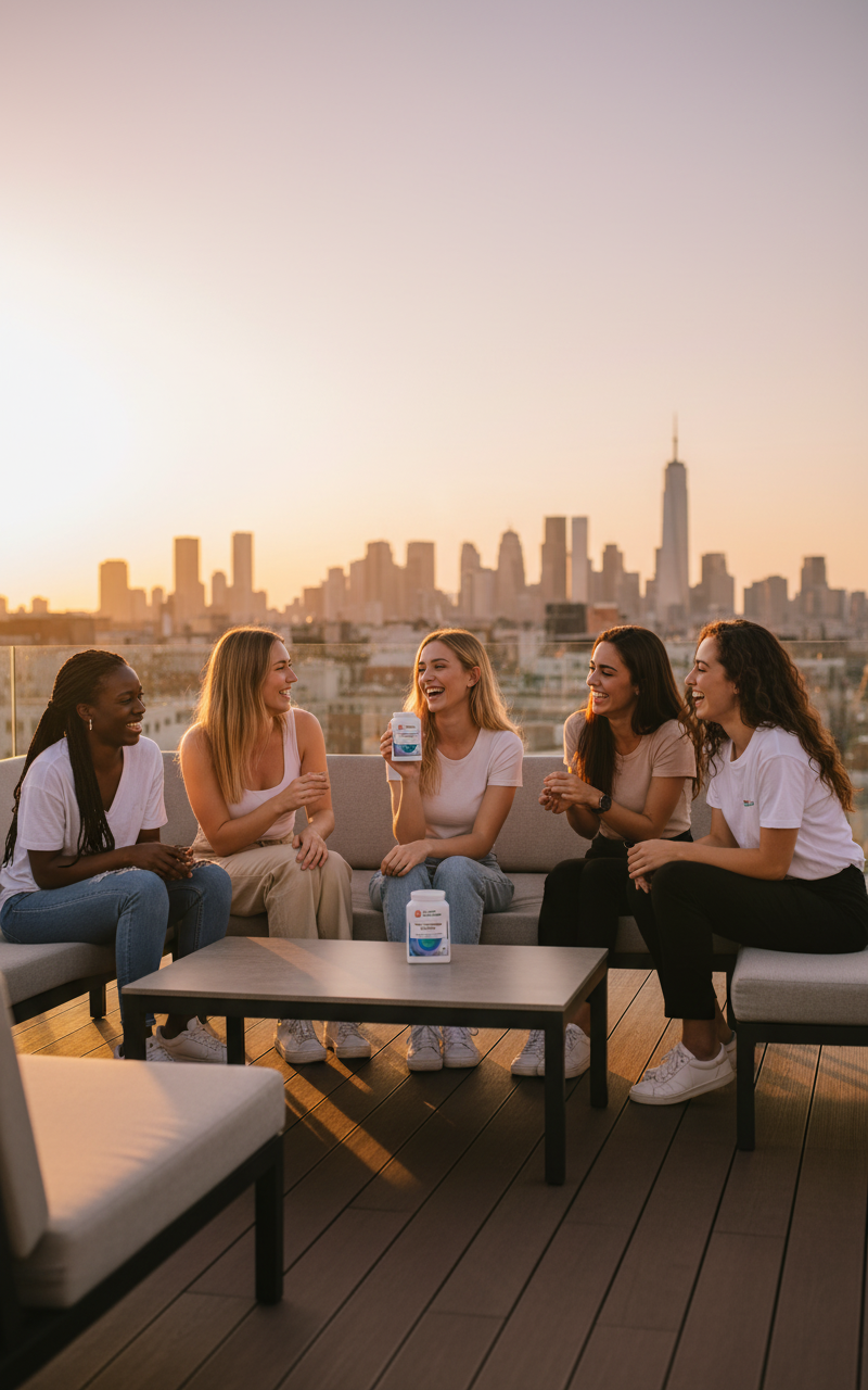 Group of women on a rooftop terrace at golden hour with Lutein Zeaxanthin Eye Glow supplement tub visible on table