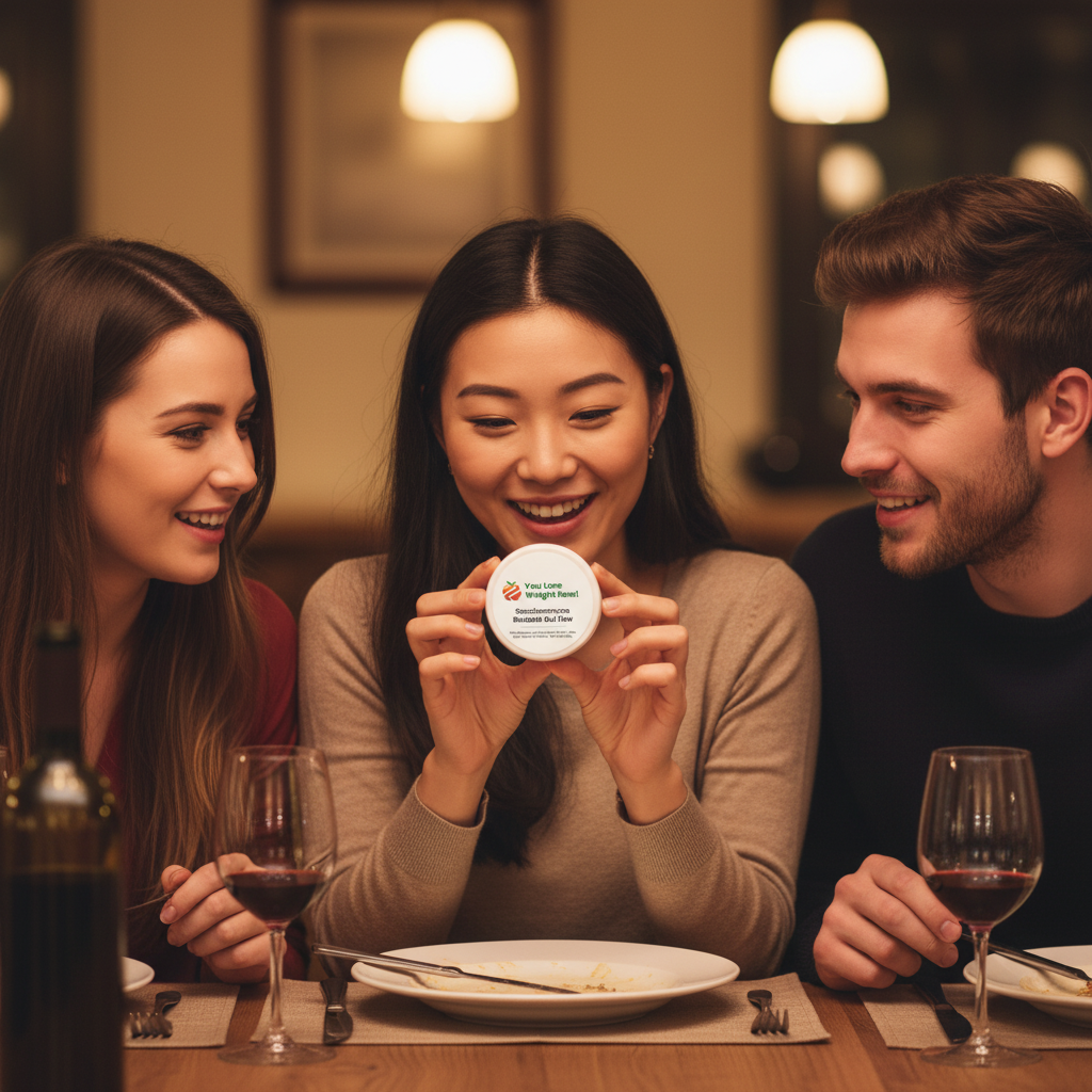 A group of three friends at a dinner table, one holding the YouLoseWeightNow! Saccharomyces Boulardii Gut Flow flat supplement pot โ lifestyle shot
