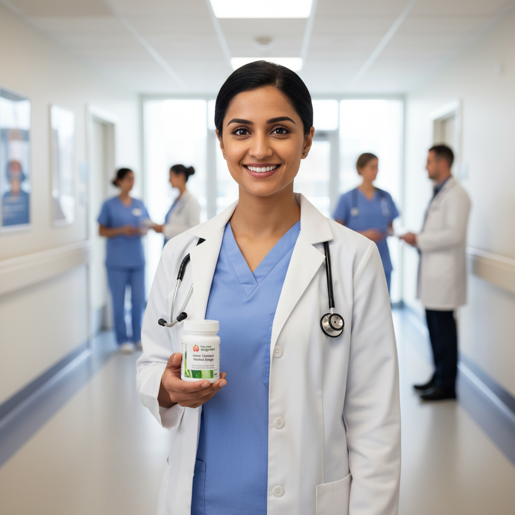 South Asian female nurse in hospital corridor holding YouLoseWeightNow! Colon Cleanse Herbal Surge supplement — professional healthcare endorsement