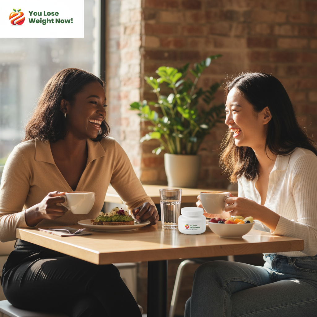 A Black woman and an East Asian woman in their mid-20s at a sunlit brunch table, one placing the YouLoseWeightNow! 8 Strain Gut Biotic tiny flat supplement pot on the table beside her coffee, laughing together in a warm relaxed setting. The YouLoseWeightNow! logo is visible in the top left corner of the image.