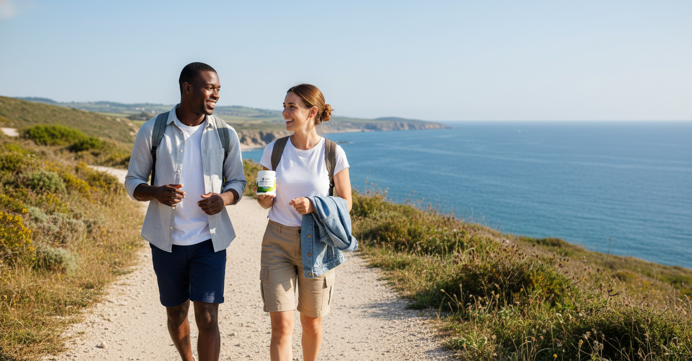 Two friends on a coastal walk with Green Coffee Thermogenic Surge supplement, YouLoseWeightNow!