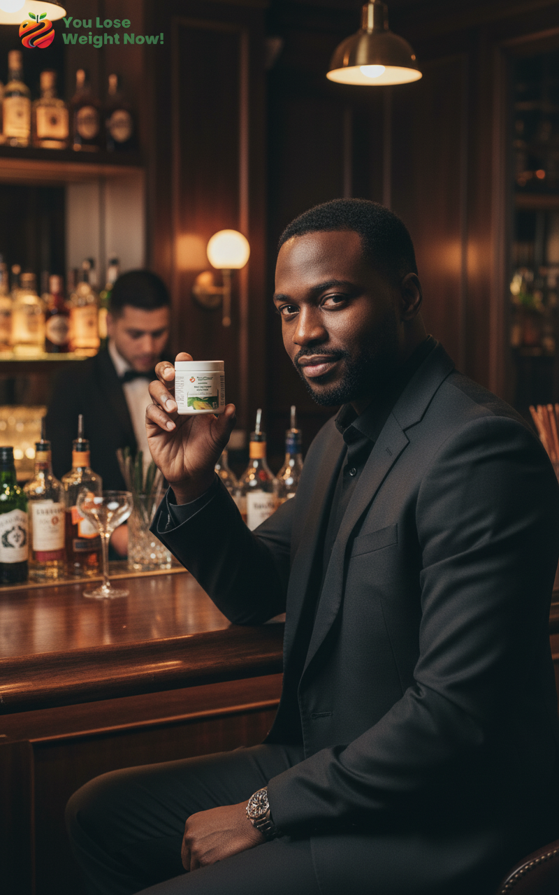 Black man in a suit at a stylish cocktail bar holding a YouLoseWeightNow! NAC Artichoke Liver Flow flat supplement pot with a confident smirk — lifestyle shot