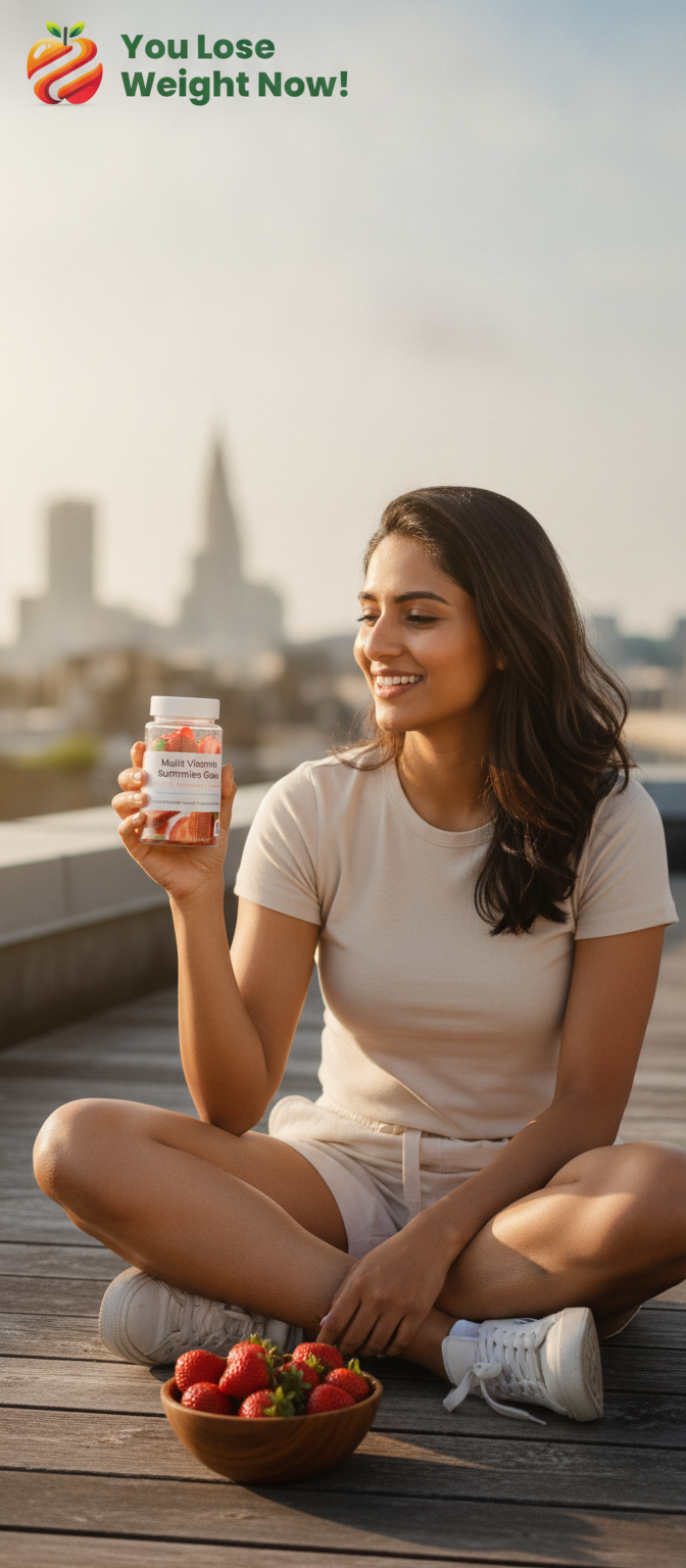 A South Asian woman sits cross-legged on a bright rooftop terrace, a bowl of fresh strawberries beside her and a Multi Vitamin Gummies Glow bottle in her hand, smiling at her phone. City skyline softly blurred in the background. The YouLoseWeightNow! logo is visible in the top left corner of the image.
