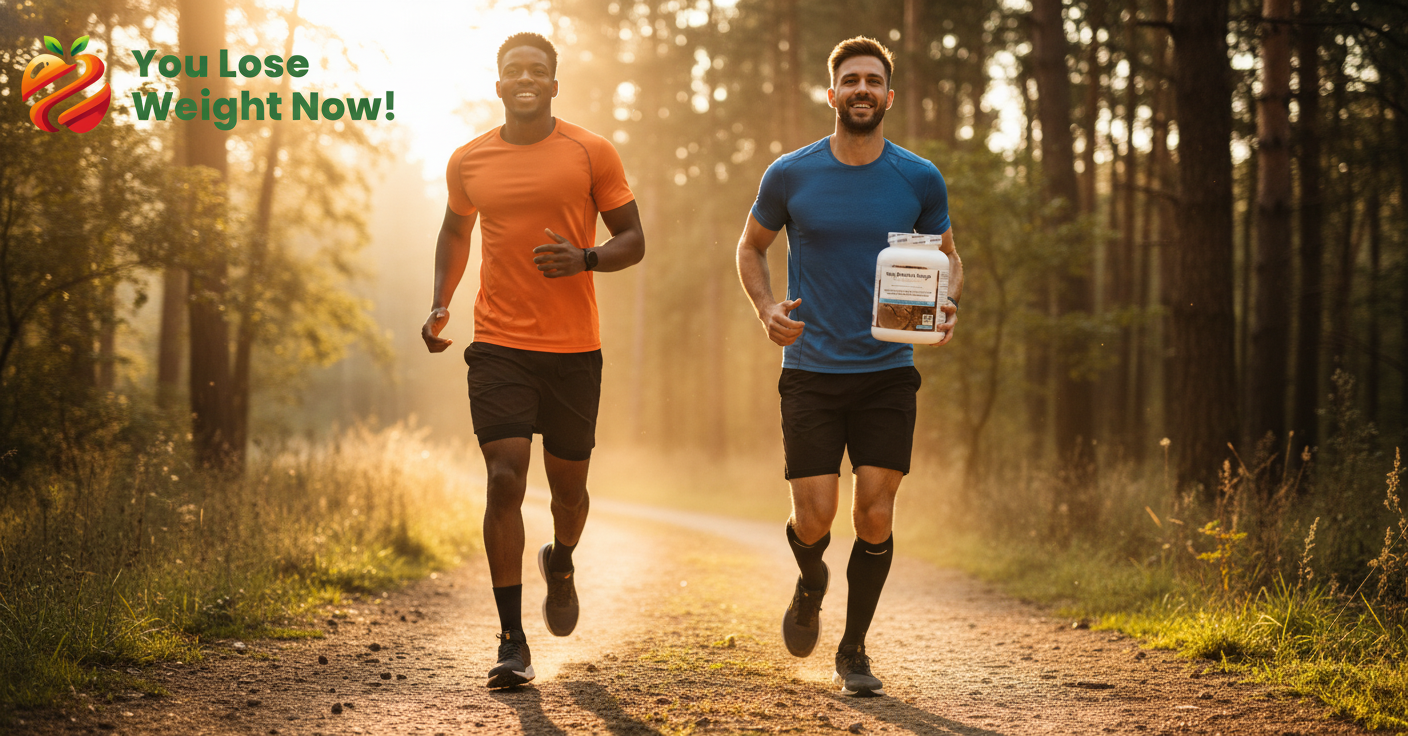 Two men in their mid-twenties — one White, one Black — running together on a forest trail at golden hour, one holding the WheyNourish Chocolate Flavour Whey Protein Surge 1500ml white round barrel supplement pot. The YouLoseWeightNow! logo is visible in the top left corner of the image.