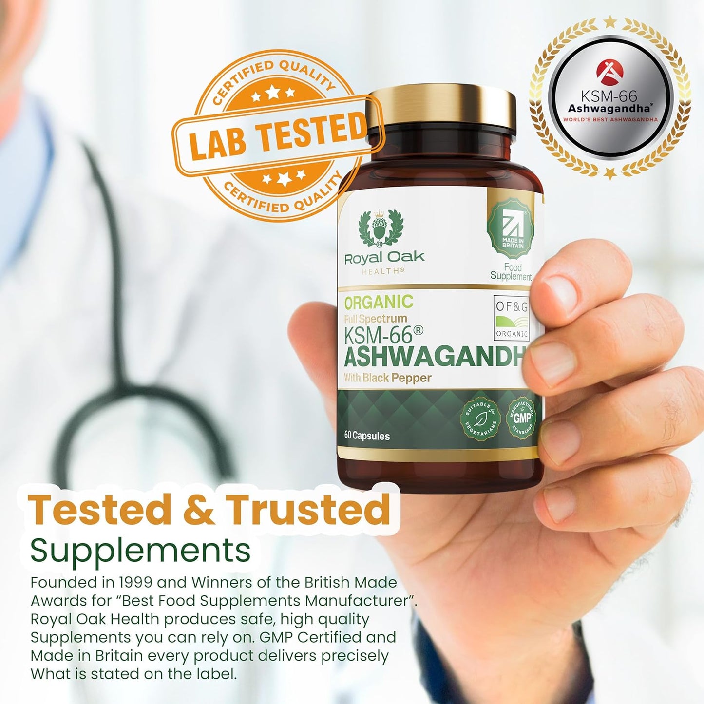 Organic High Concentration Full Spectrum KSM-66 ASHWAGANDHA with 5% Withanolides and Black Pepper, Made in Britain by , 60 Capsules