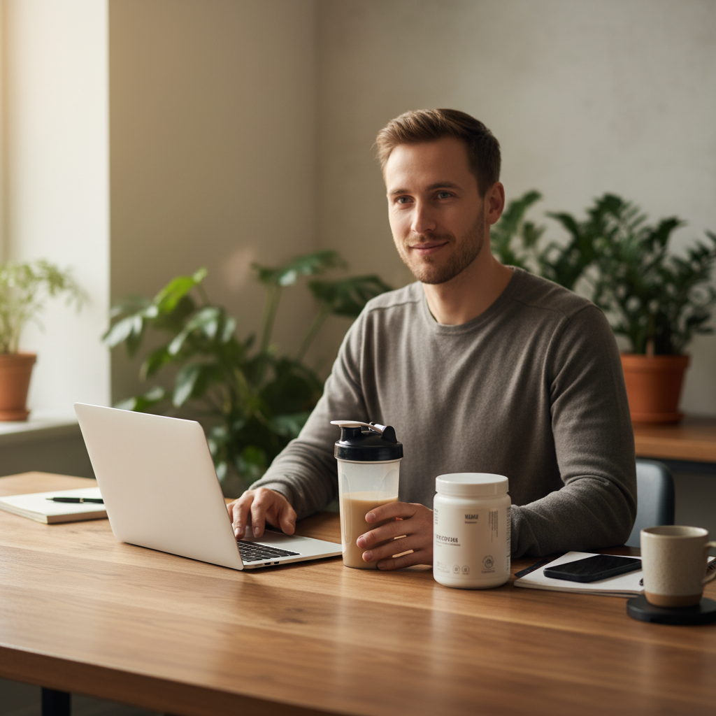 Young man at a stylish office desk with a protein shake and YouLoseWeightNow! Hemp Seed Protein Herbal Surge tub, plants in the background, focused high-performer energy