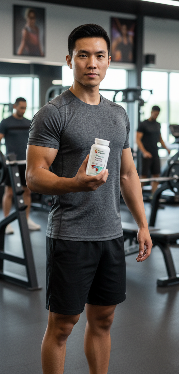 East Asian man at the gym holding Total Vitality Shield Surge supplement, gym-goers visible in background ā YouLoseWeightNow!