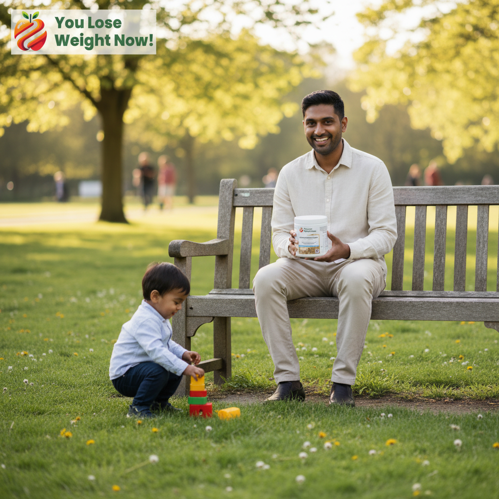 A South Asian father in his early 30s sits on a park bench on a sunny afternoon, holding the YouLoseWeightNow! Lean Meal Protein Shake round pot. His young child plays on the grass in front of him. Warm, natural light, editorial lifestyle photography. The YouLoseWeightNow! logo is visible in the top left corner of the image.