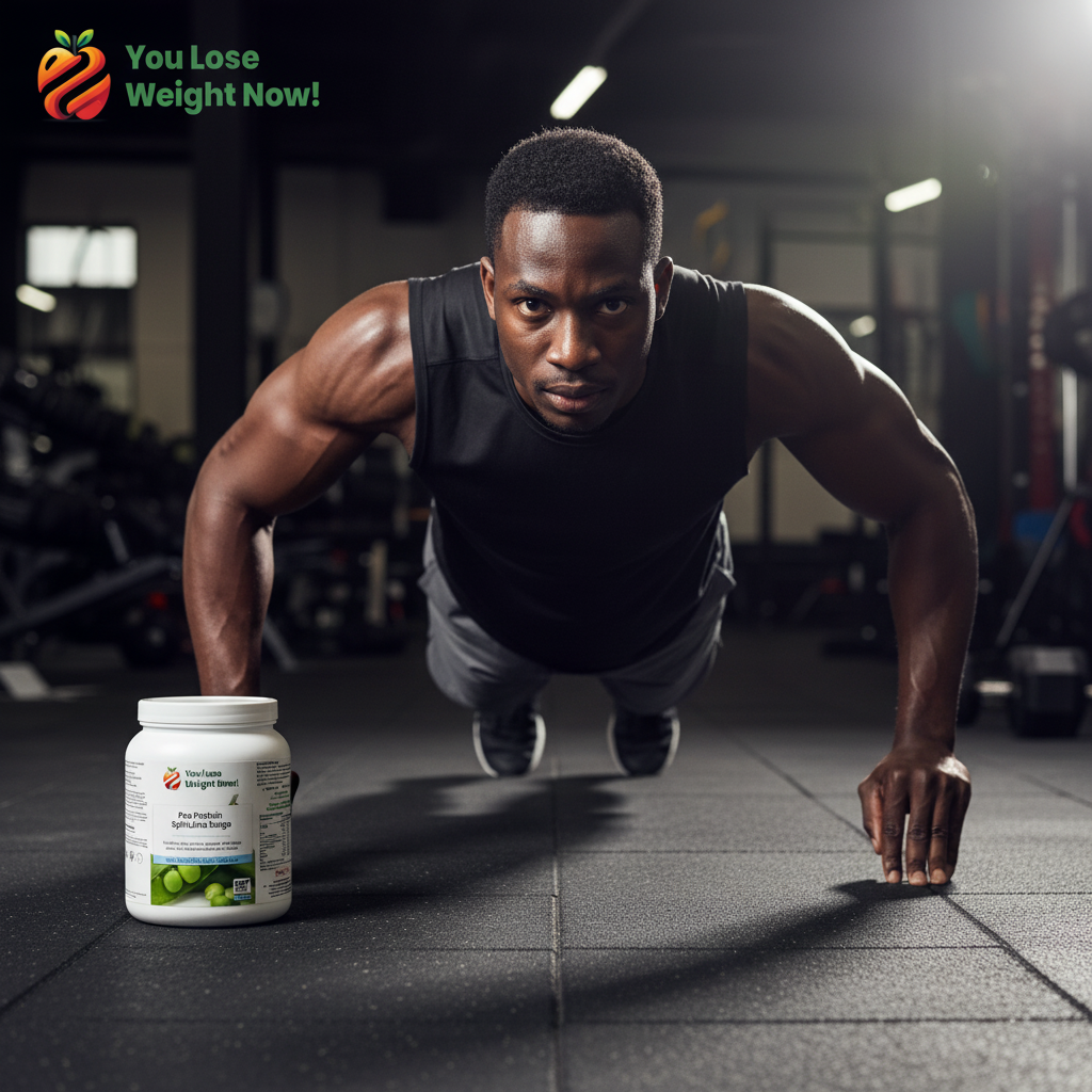 A fit Black man in his late 20s doing push-ups on a gym floor, mid-rep, jaw set, intense focus, the YouLoseWeightNow! Pea Protein Spirulina Surge white round barrel pot visible on the floor nearby. The YouLoseWeightNow! logo is visible in the top left corner of the image.