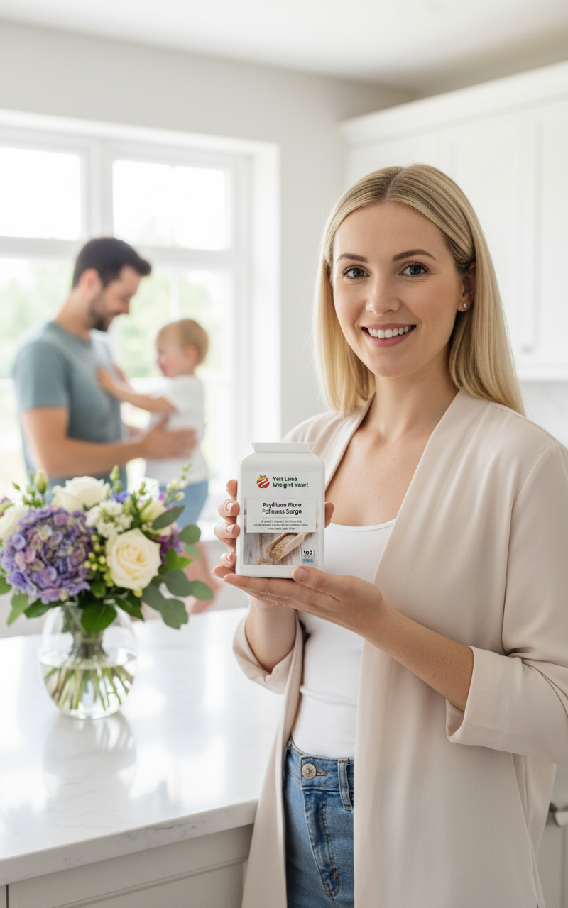 Woman and family in a bright kitchen holding Psyllium Fibre Fullness Surge by YouLoseWeightNow! as part of their morning wellness routine