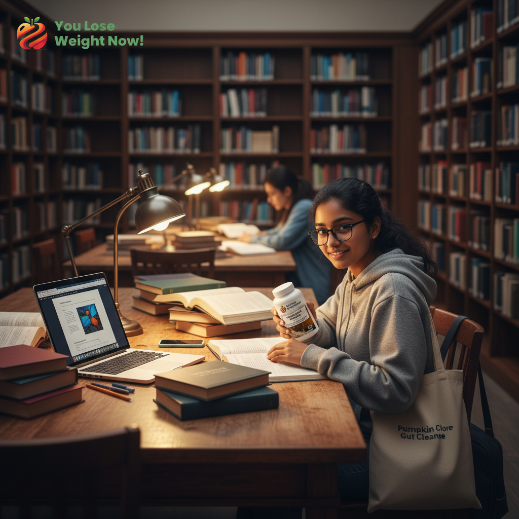 A young South Asian woman studies at a university library table stacked with textbooks and a laptop, reaching for the YouLoseWeightNow! Pumpkin Clove Gut Cleanse pot from her bag with a knowing smile. Warm lamp light and bookshelves stretching into the background. The YouLoseWeightNow! logo is visible in the top left corner of the image.