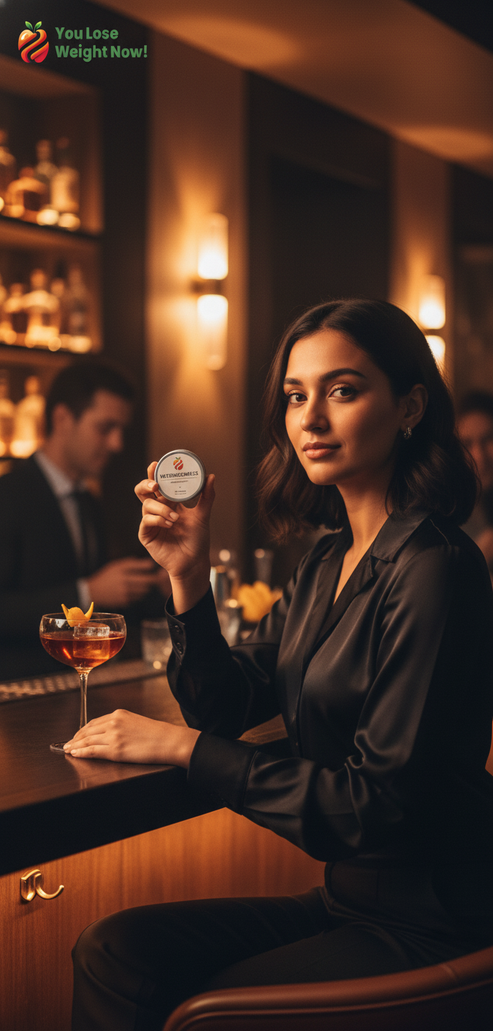 A young South Asian female seated at a sleek upscale cocktail bar with moody amber lighting, holding the Nattokinase Sea Moss Surge flat supplement pot, cocktail glass on the bar beside her. The YouLoseWeightNow! logo is visible in the top left corner of the image.