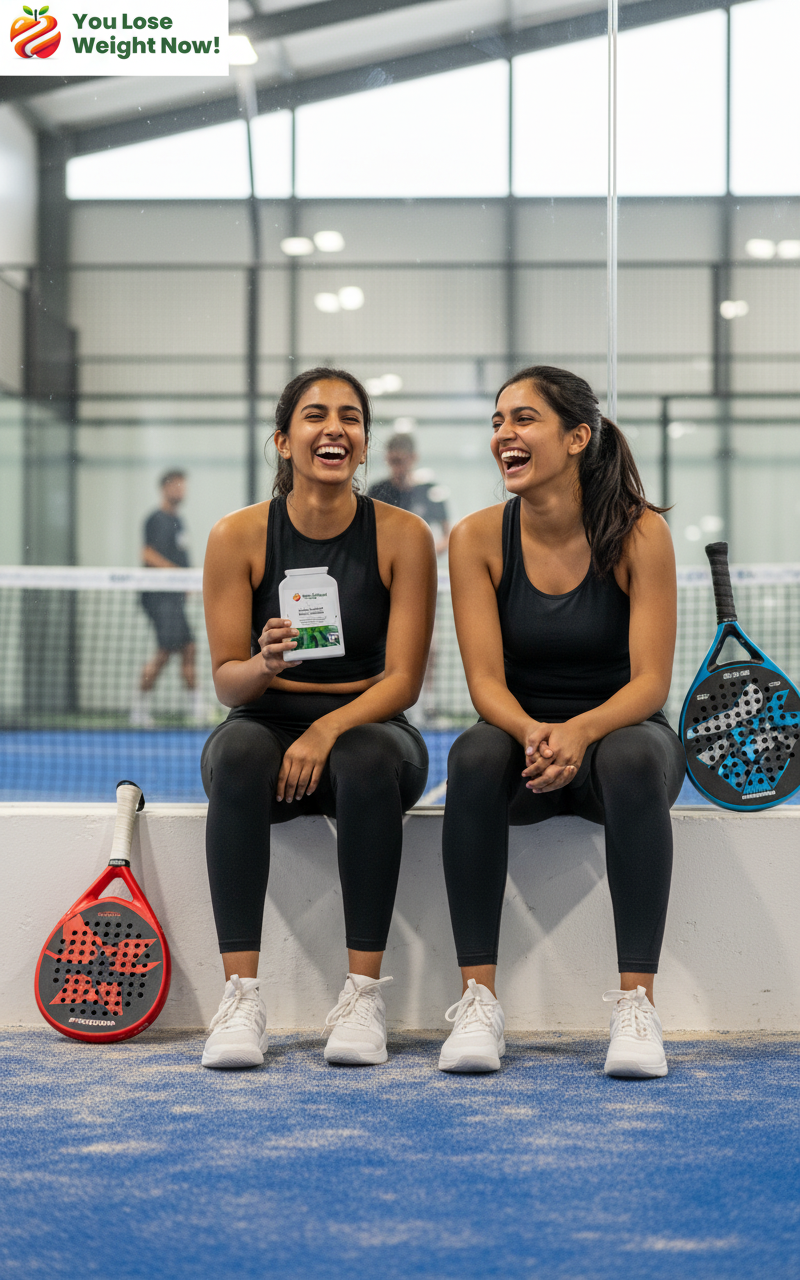 Two South Asian women in stylish athletic wear taking a break at an indoor padel tennis court, one holding the YouLoseWeightNow! Aloe Cayenne Bowel Cleanse pot, both laughing. The YouLoseWeightNow! logo is visible in the top left corner of the image.