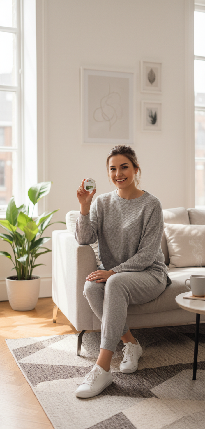 Woman in a bright living room with Green Coffee Thermogenic Surge supplement, YouLoseWeightNow!