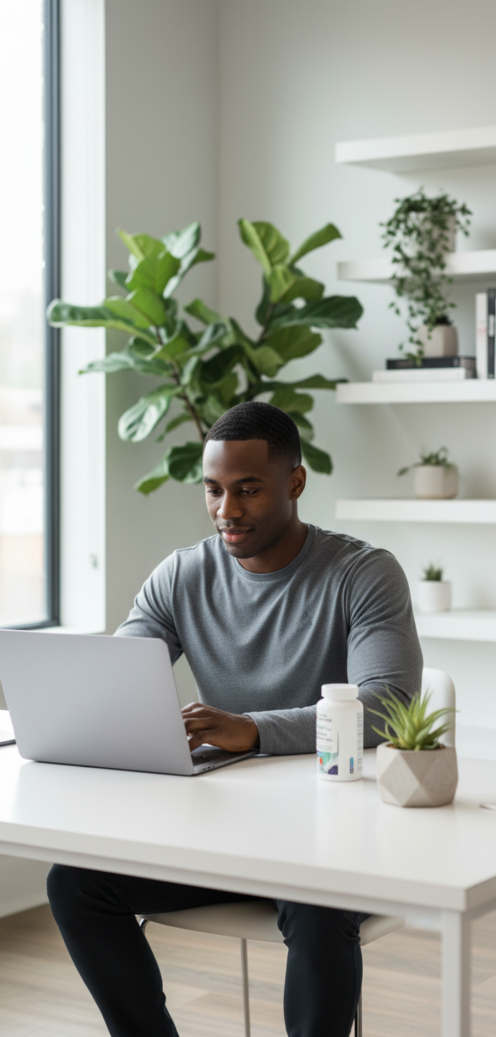 Black man working at a modern desk with Total Vitality Shield Surge supplement bottle visible, plants in background ā YouLoseWeightNow!