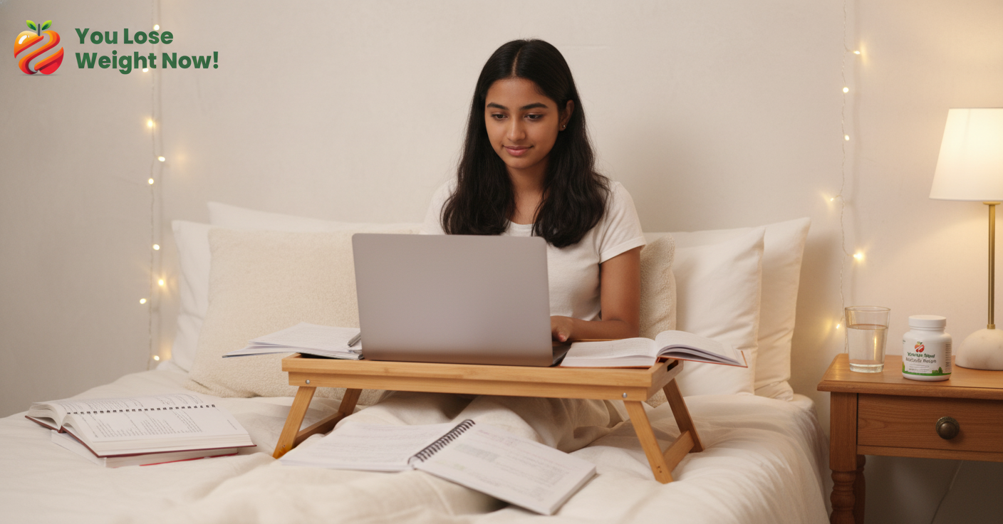 A South Asian girl aged 18-25 sitting up in bed with her laptop and handwritten notes, cosy bedroom lighting and fairy lights in the background. The YouLoseWeightNow! logo is visible in the top left corner of the image.
