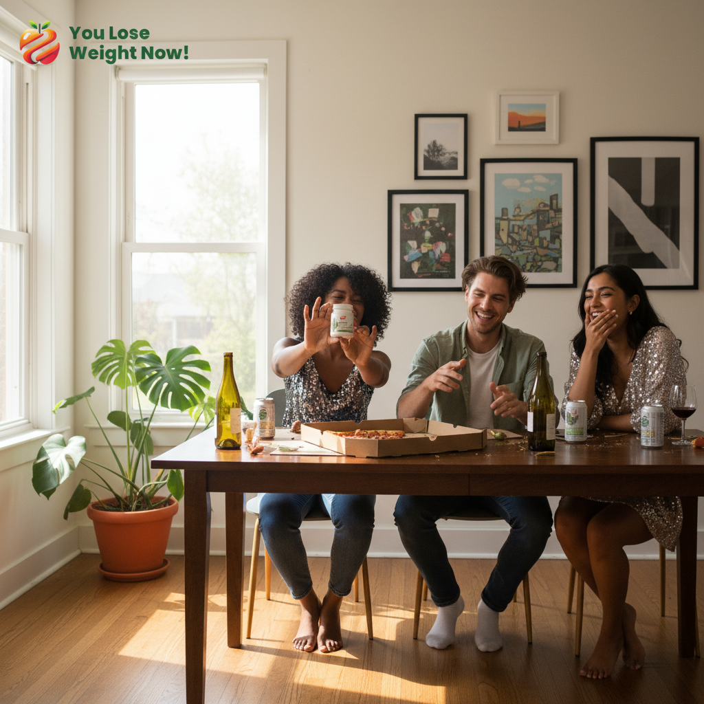 Three friends laughing around a kitchen table the morning after a big night out, one holding up a YouLoseWeightNow! NAC Artichoke Liver Flow flat supplement pot like a trophy — lifestyle shot