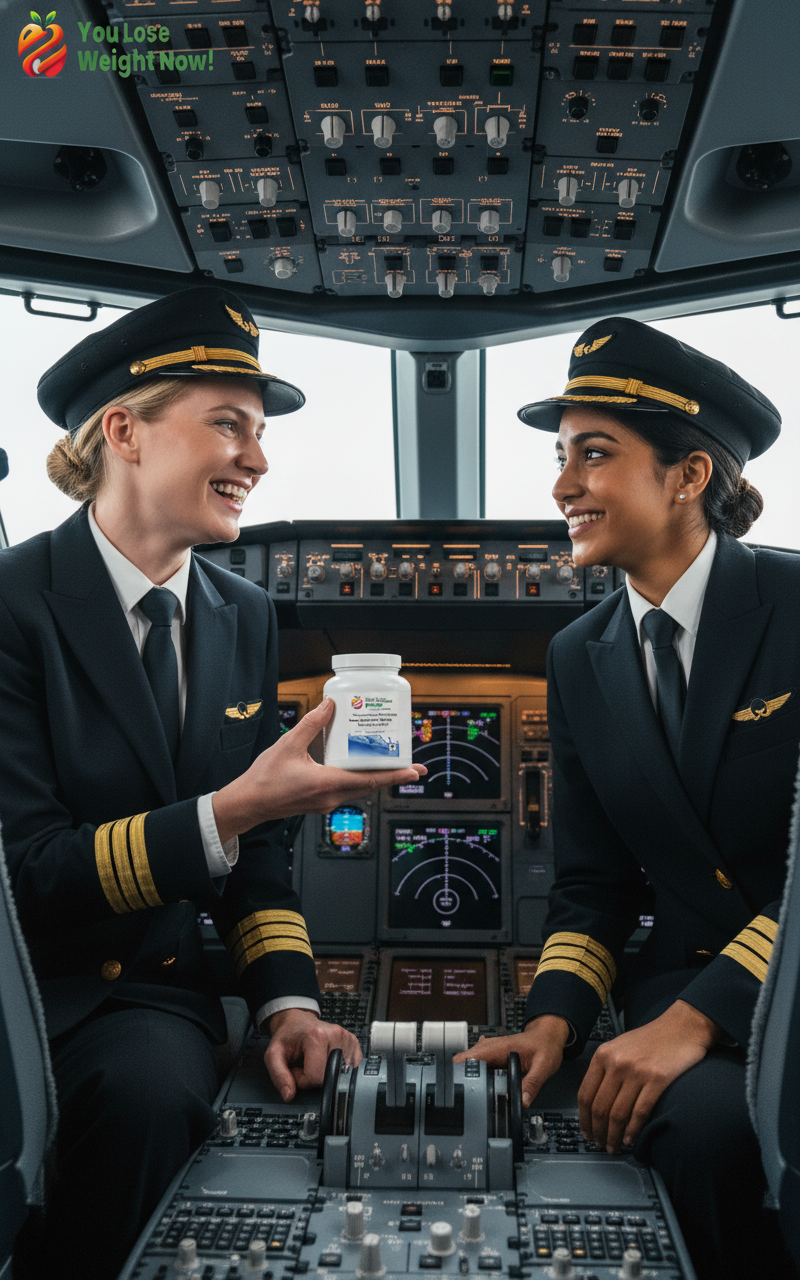 Two female pilots — one White, one South Asian — in captain's uniforms with gold epaulette stripes and pilot caps sit in a commercial aircraft cockpit, one holding the YouLoseWeightNow! supplement pot and grinning at her co-pilot, cockpit instruments glowing in the background. The YouLoseWeightNow! logo is visible in the top left corner of the image.