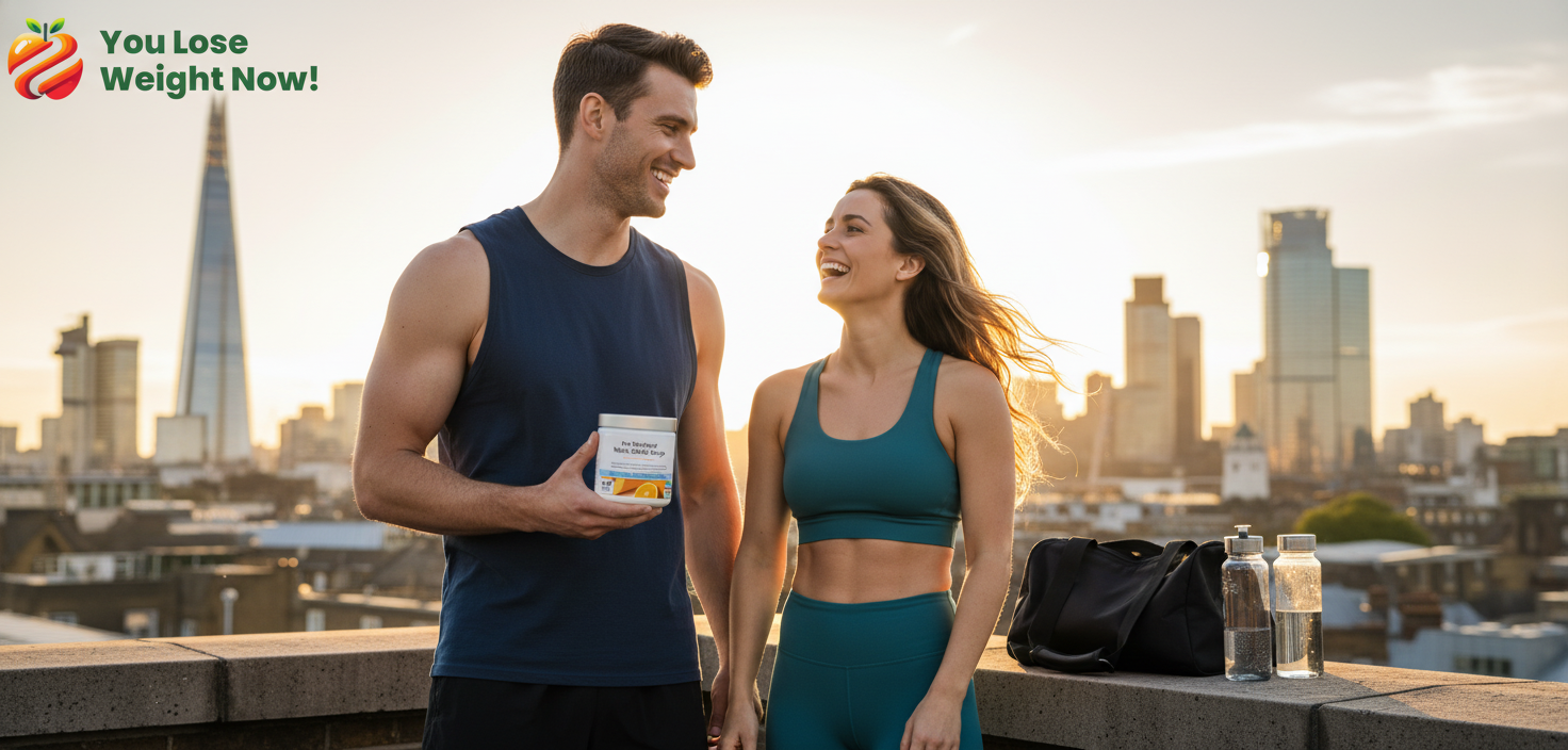A tall athletic White man and a White woman in their early thirties stand on a sun-drenched rooftop terrace in London at golden hour, city skyline glowing behind them. He holds the Pre Workout Nitric Oxide Surge pot, she is mid-laugh. The YouLoseWeightNow! logo is visible in the top left corner of the image.