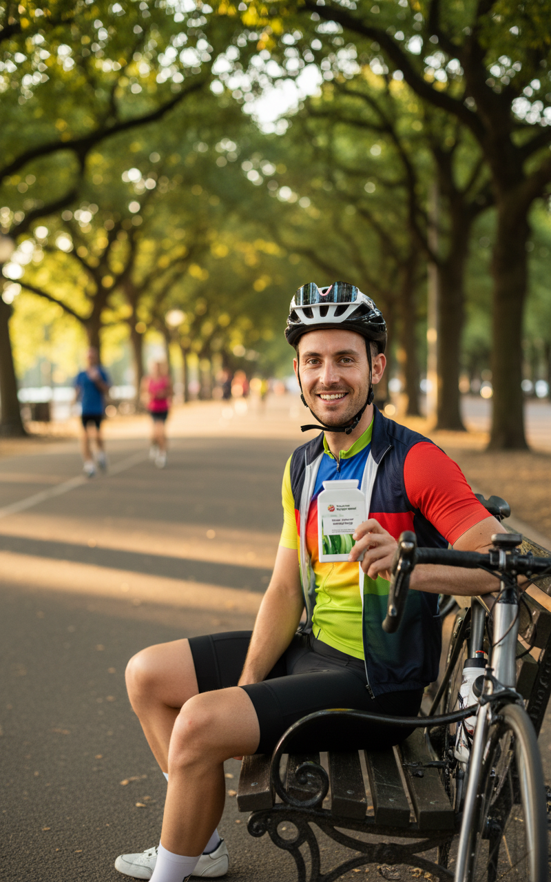 White male cyclist on a tree-lined path holding YouLoseWeightNow! Colon Cleanse Herbal Surge supplement — active lifestyle, gut health and energy support