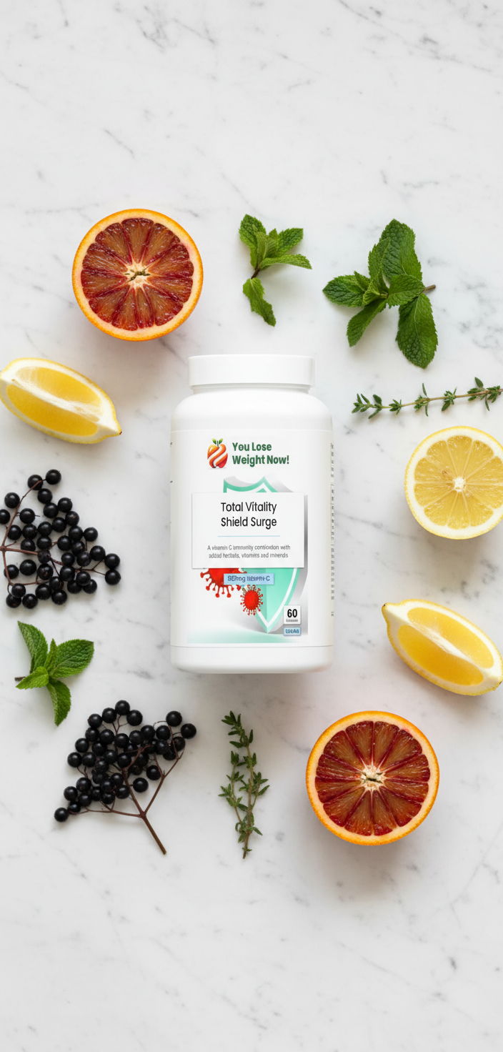 Total Vitality Shield Surge supplement flat lay with fresh citrus fruit, elderberries and green leaves on white marble ā YouLoseWeightNow!