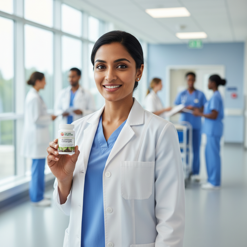A South Asian nurse in a hospital hallway holding a tiny flat wide-lidded Glucomannan Fullness Ignite supplement pot, smiling confidently. The YouLoseWeightNow! logo is visible in the top left corner of the image.