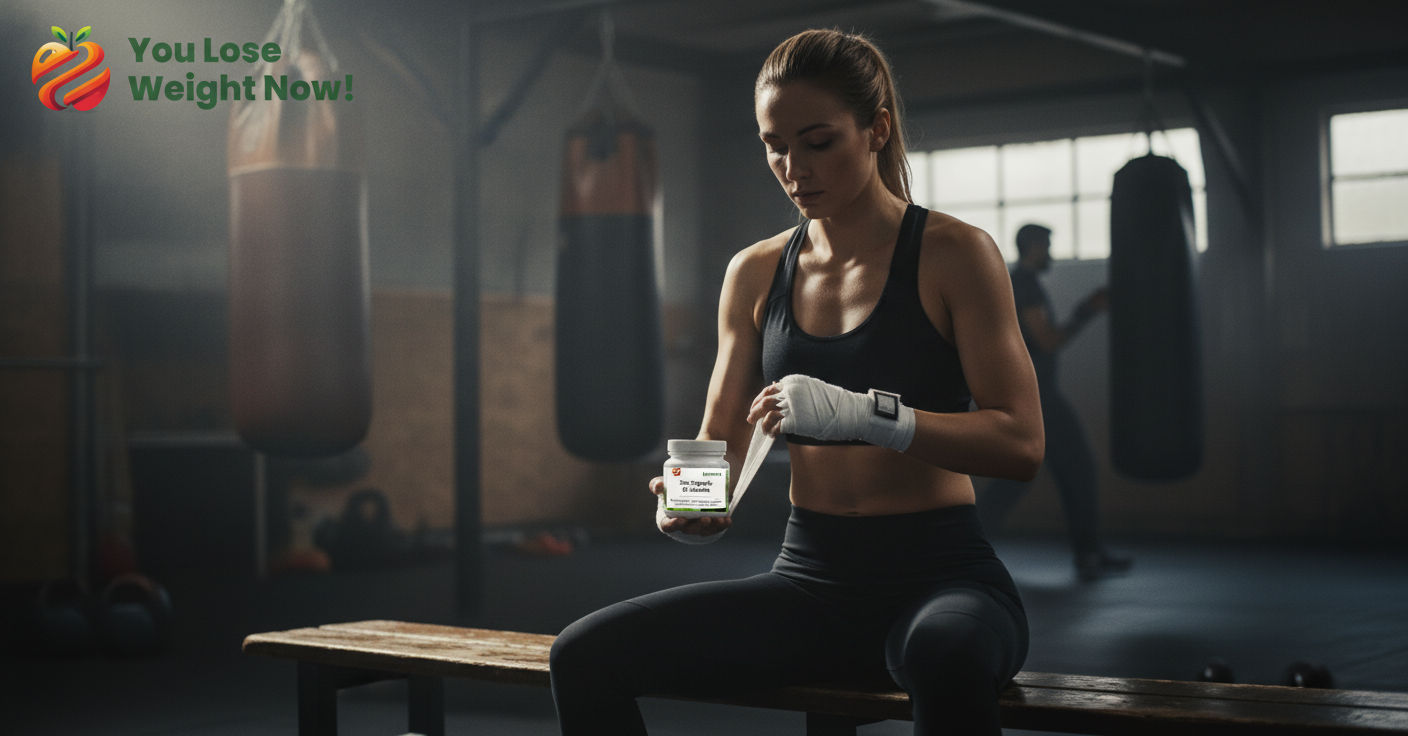 A fit White woman in her late 20s pauses at a gym bench before a kickboxing session, holding the Zinc Caprylic GI Cleanse flat postal pot with heavy bags and other fighters visible in the background. The YouLoseWeightNow! logo is visible in the top left corner of the image.