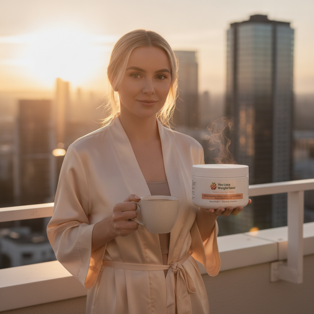 A White woman in her early thirties stands on a penthouse rooftop at sunrise in a silk robe, holding a YouLoseWeightNow! Collagen Peptides Glow Powder round pot alongside her morning coffee. City skyline glowing behind her. Cinematic and aspirational.