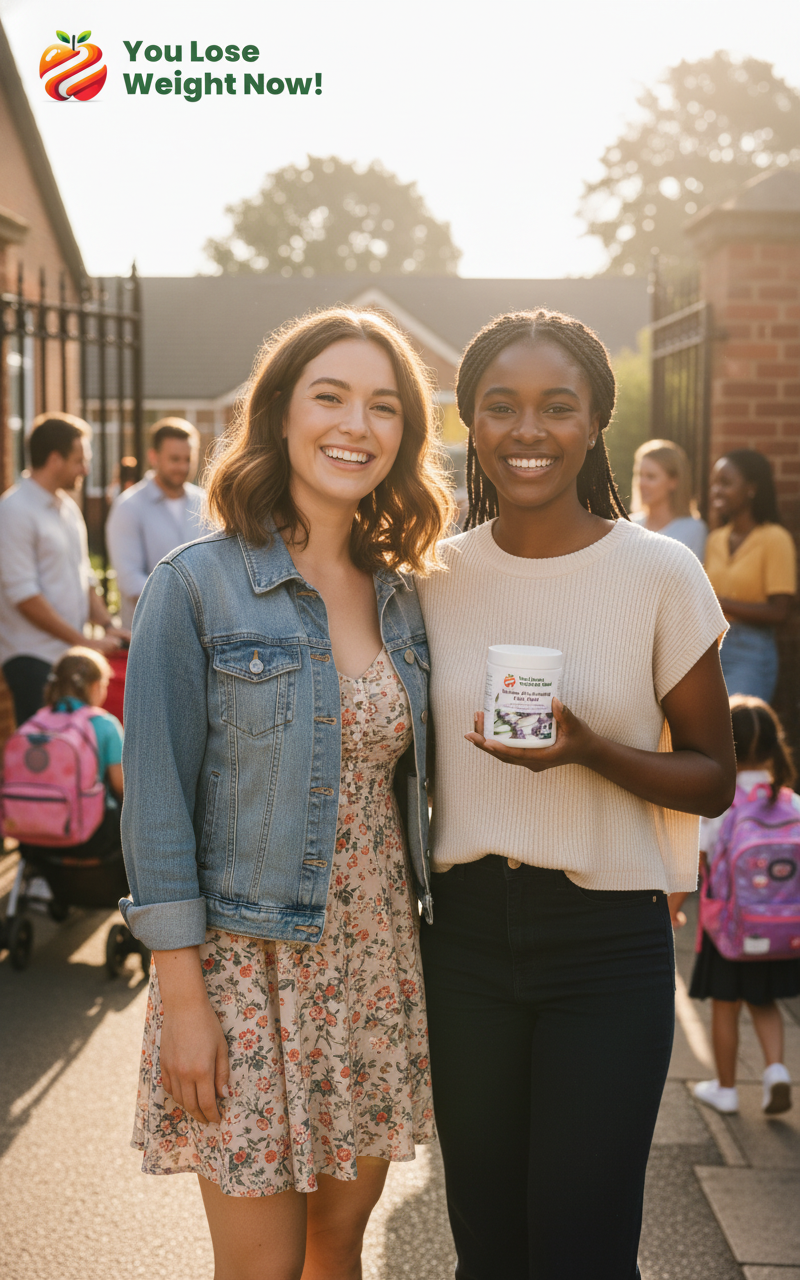 A young White woman and a young Black woman smile together outside a primary school gate after the morning drop-off, one holding the Lavender Ashwagandha Night Calm flat postal pot. Warm morning light, joyful real-life moment. The YouLoseWeightNow! logo is visible in the top left corner of the image.