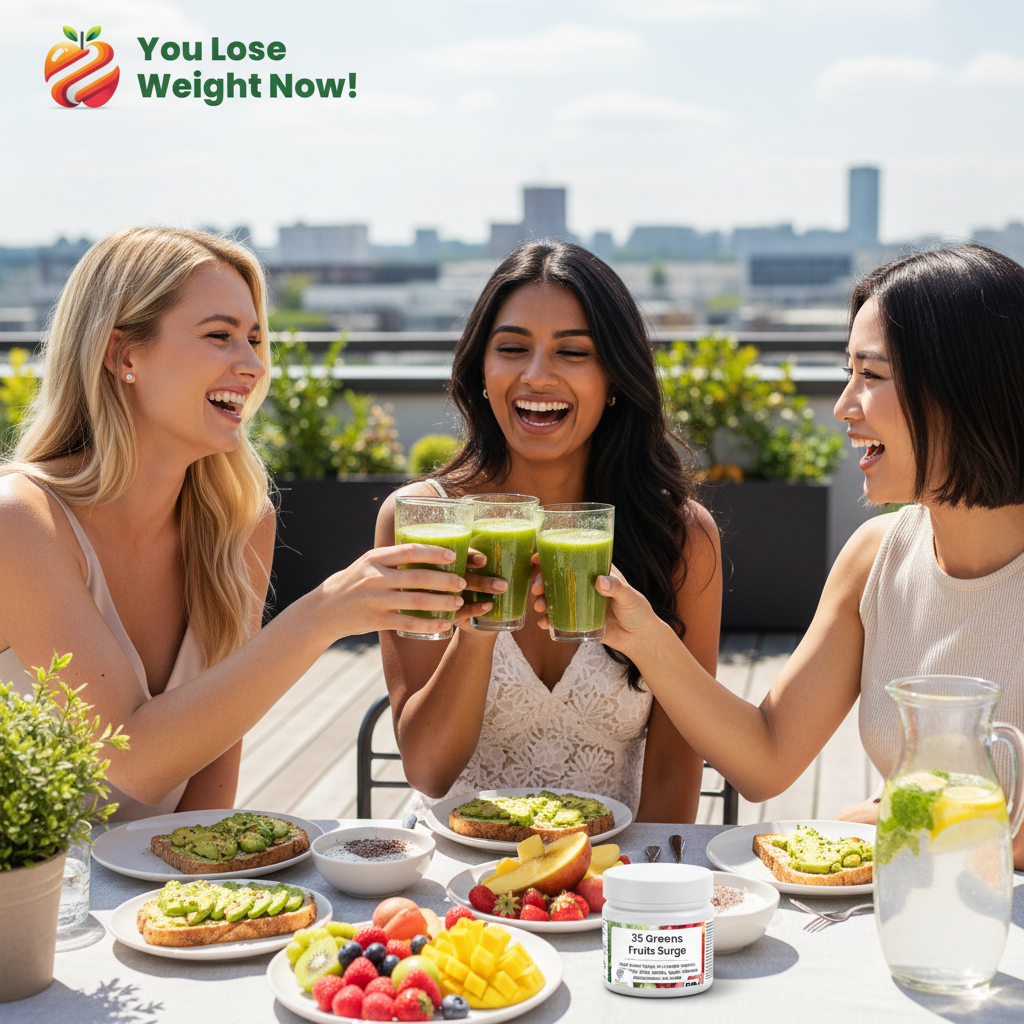 Three young women — one White, one South Asian, one East Asian — enjoying a vibrant rooftop brunch in the sunshine, the 35 Greens Fruits Surge flat pot by YouLoseWeightNow! on the table among food and green smoothies, label visible, editorial quality, natural light. The YouLoseWeightNow! logo is visible in the top left corner of the image.