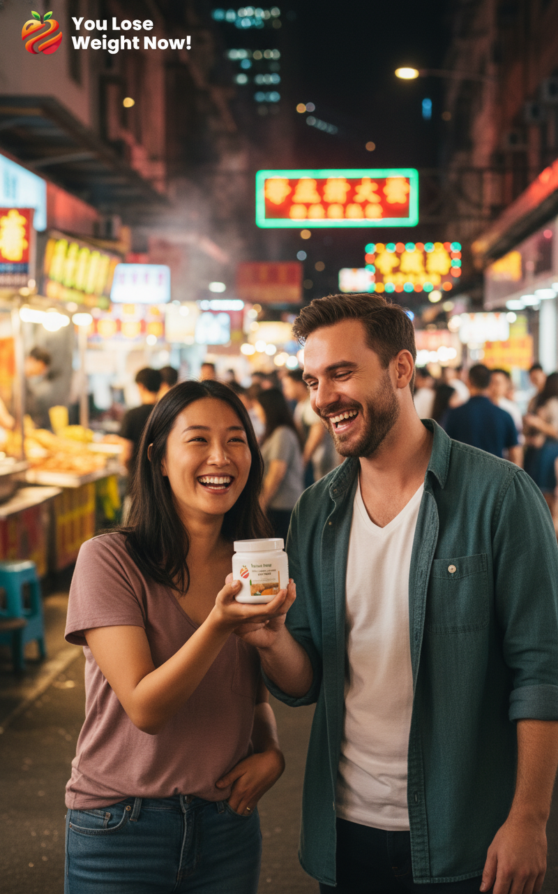 A White man in his early 30s and an East Asian woman in her late 20s navigate a buzzing night market together. Neon signs, street food stalls and warm amber light surround them as she holds up the Turmeric Curcumin Zinc Surge pot, both grinning. The YouLoseWeightNow! logo is visible in the top left corner of the image.