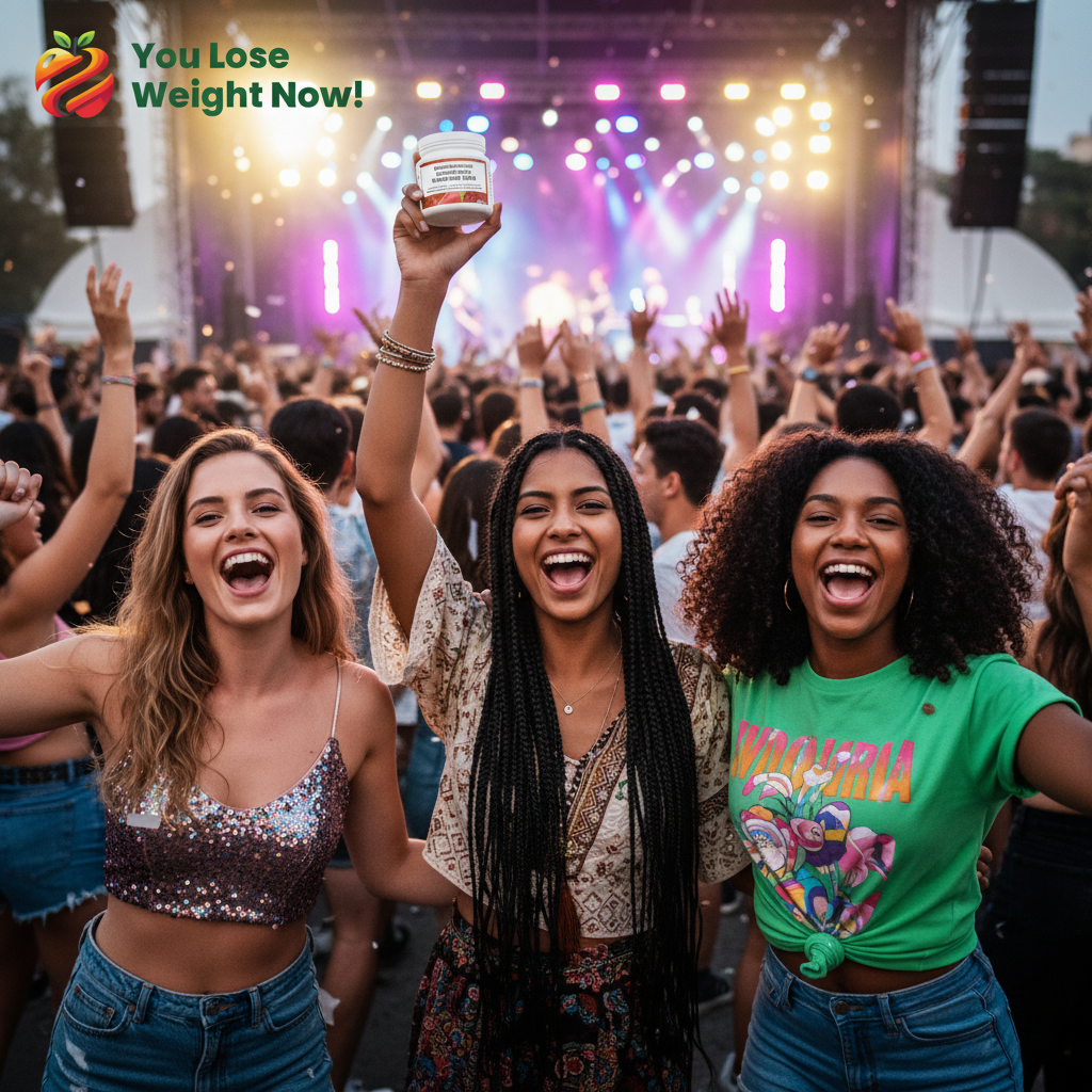 Three girlfriends โ one White, one South Asian, one Black โ dancing and celebrating in the crowd at a vibrant outdoor music festival, one holding a YouLoseWeightNow! Glucomannan Thermogenic Chromium Ignite pot raised in the air. The YouLoseWeightNow! logo is visible in the top left corner of the image.