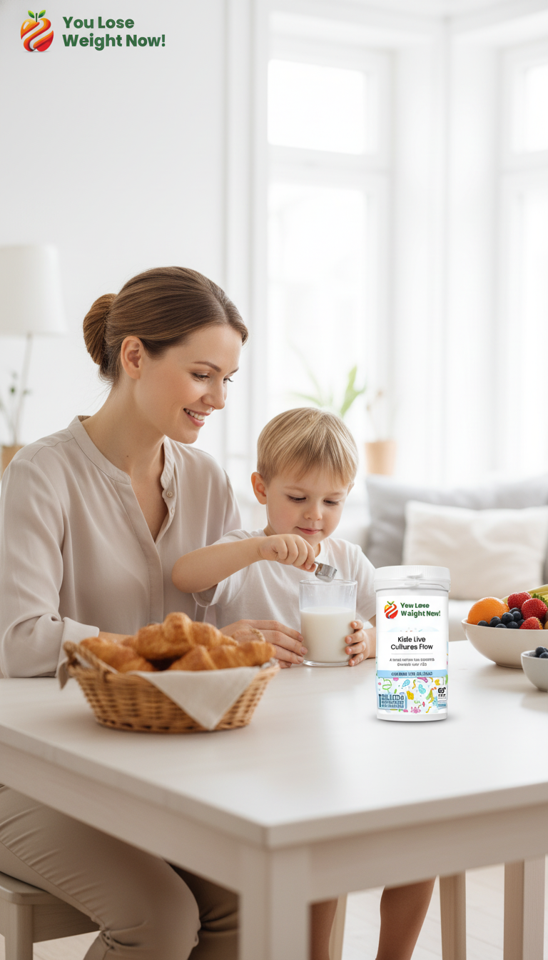 A White mother and her young son at a bright breakfast table, stirring the YouLoseWeightNow! Kids Live Cultures Flow powder into a glass of milk. The YouLoseWeightNow! logo is visible in the top left corner of the image.