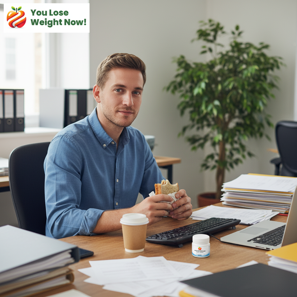 A White man in his late twenties eats lunch at a busy office desk with a tiny flat wide-lidded supplement pot visible beside his keyboard, plants in the background. The YouLoseWeightNow! logo is visible in the top left corner of the image.