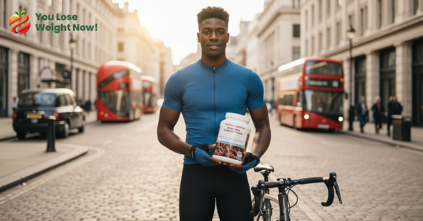A lean, well-built Black male, late 20s, pausing on a city cycling route with London streets in the background, holding a 1500ml white round barrel supplement pot, looking sharp and energised, golden hour cinematic lighting, editorial quality. The YouLoseWeightNow! logo is visible in the top left corner of the image.
