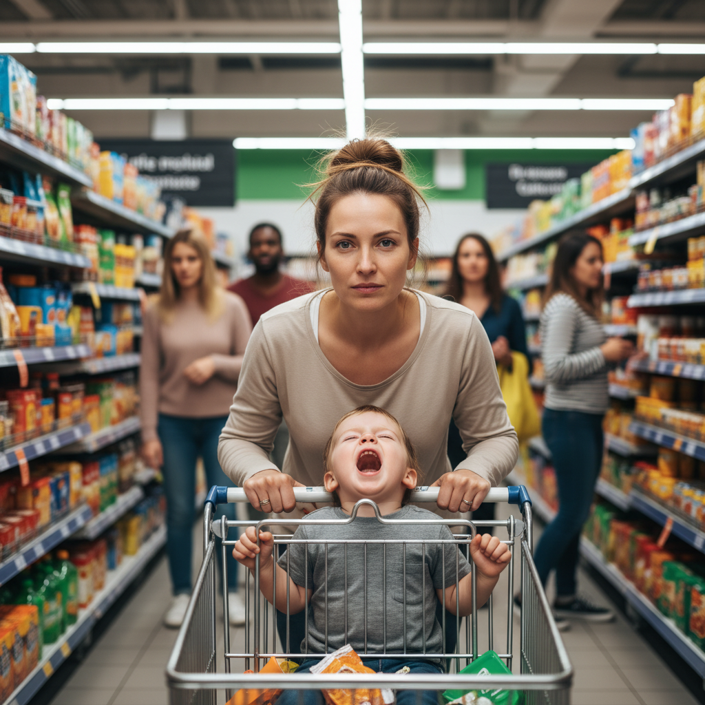Stressed young mother with screaming toddler in shopping trolley in a busy supermarket