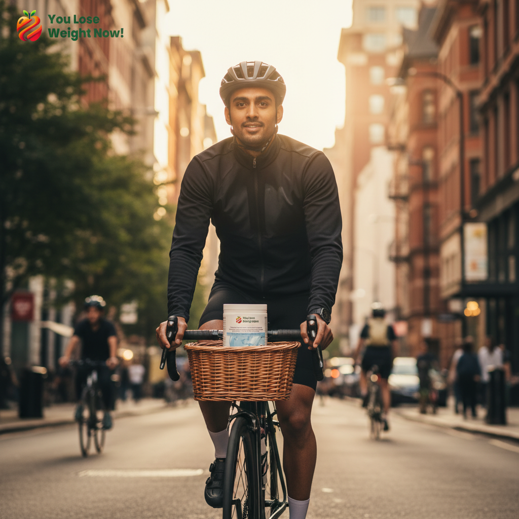 A young South Asian man cycling confidently through a vibrant city street, the Marine Collagen 9000 Glow round pot by YouLoseWeightNow! visible on the bike, label visible, cinematic natural light. The YouLoseWeightNow! logo is visible in the top left corner of the image.