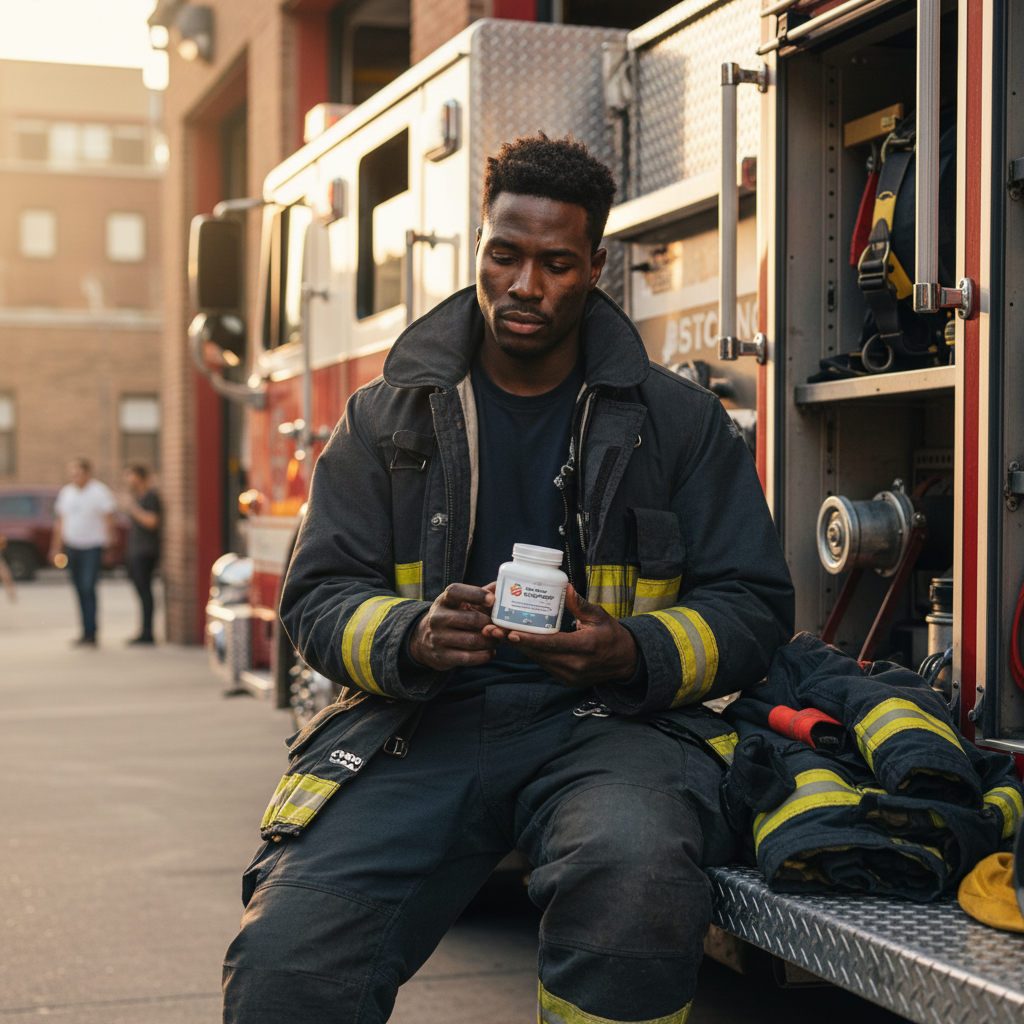 a Black male firefighter in his late 20s in partial kit sitting on the back of a fire engine after a shift, holding the tiny flat supplement pot, cinematic golden hour light. The YouLoseWeightNow! logo is visible in the top left corner of the image.