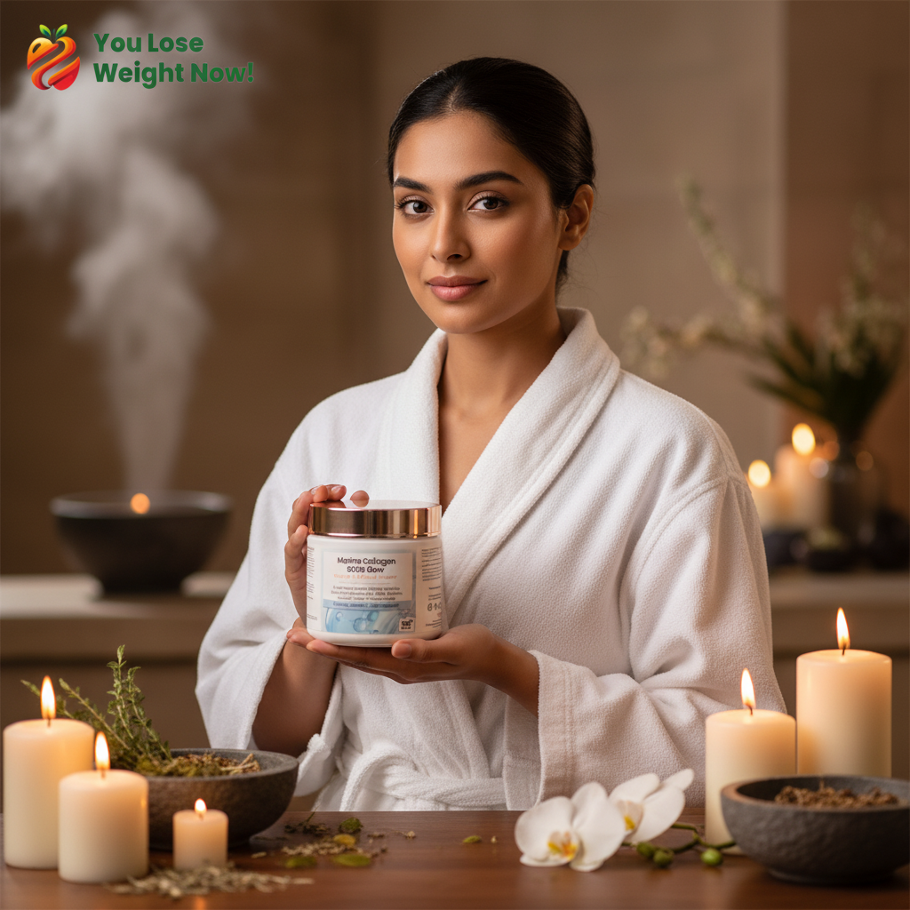 A young South Asian woman relaxing in a luxury spa setting wearing a white robe, holding the Marine Collagen 9000 Glow round pot by YouLoseWeightNow!, label visible, candles and botanicals in the background, soft warm ambient light. The YouLoseWeightNow! logo is visible in the top left corner of the image.