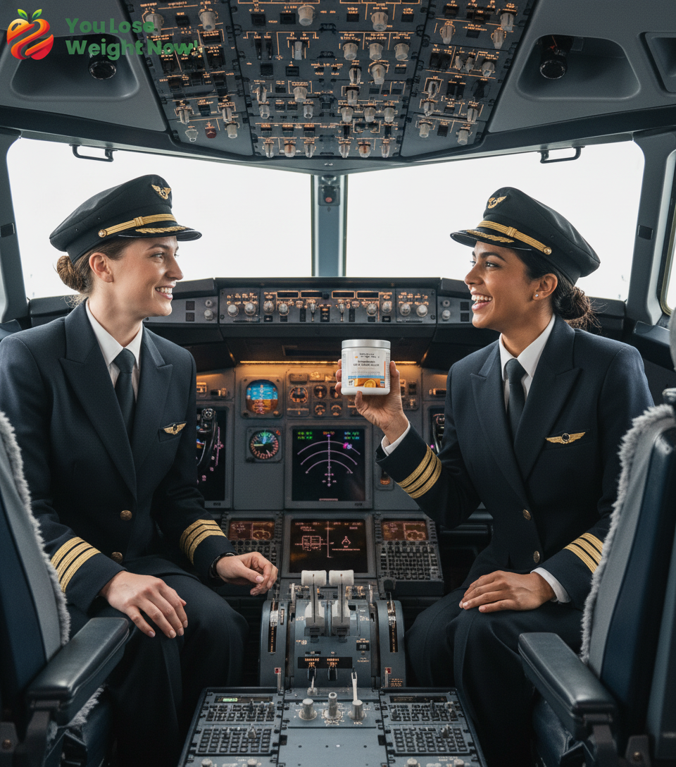 Two female pilots — one White, one South Asian — sit in the cockpit of a commercial aircraft in captain's uniforms with gold epaulette stripes and pilot caps, hands near the controls. One holds the Pre Workout Nitric Oxide Surge pot, grinning at her co-pilot. The YouLoseWeightNow! logo is visible in the top left corner of the image.
