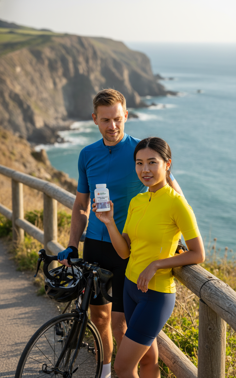 White man and East Asian woman taking a break on a coastal cycling route with a YouLoseWeightNow! Turmeric Glucosamine Joint Flow supplement pot