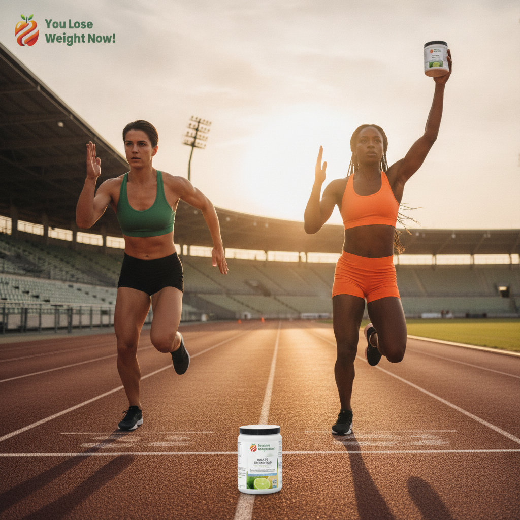 Two female sprinters ā one White, one Black ā in their mid-twenties explode off the starting blocks on an outdoor athletics track, one holding the BCAA 2:1:1 Citrulline Surge supplement pot raised in the air. The YouLoseWeightNow! logo is visible in the top left corner of the image.