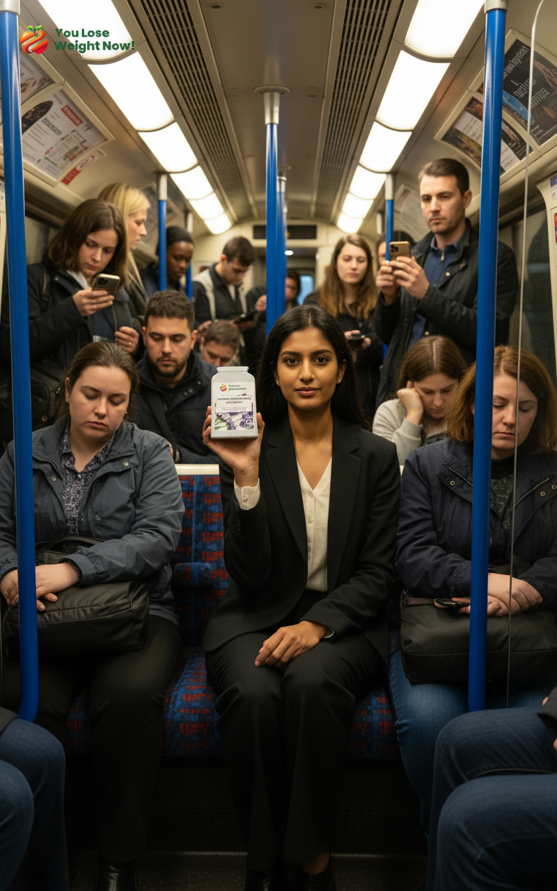 A young South Asian woman sits confidently on a busy London Underground train during morning rush hour, holding the Lavender Ashwagandha Night Calm flat postal pot. Authentic Tube carriage with commuters around her. The YouLoseWeightNow! logo is visible in the top left corner of the image.
