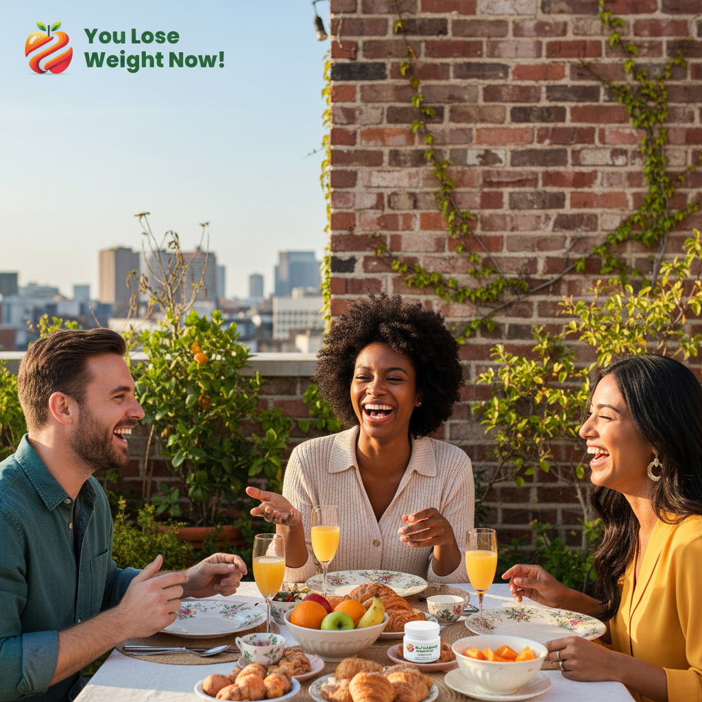 Three friends — a White man in his early 30s, a Black woman in her late 20s and a South Asian woman in her mid-20s — laugh around a beautifully styled rooftop brunch table. The Turmeric Curcumin Zinc Surge pot sits casually among the brunch spread. The YouLoseWeightNow! logo is visible in the top left corner of the image.