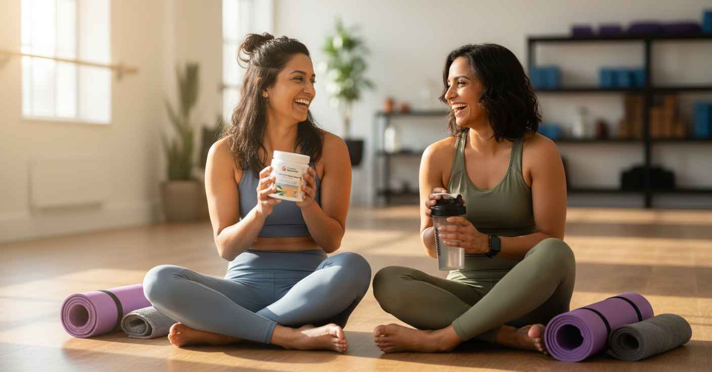 Two South Asian women laughing together at a yoga studio after class, one holding a YouLoseWeightNow! Hemp Seed Protein Herbal Surge tub, yoga mats beside them