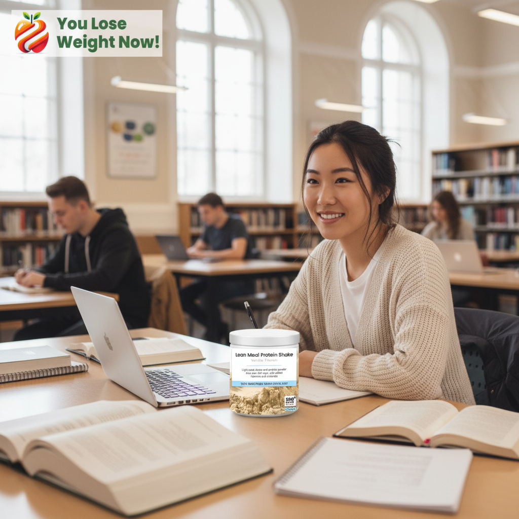 A young East Asian woman in her early 20s sits in a busy university library surrounded by open books and a laptop, the YouLoseWeightNow! Lean Meal Protein Shake round pot on the desk beside her. She is smiling mid-study-break. Natural window light, editorial quality, lifestyle magazine feel. The YouLoseWeightNow! logo is visible in the top left corner of the image.
