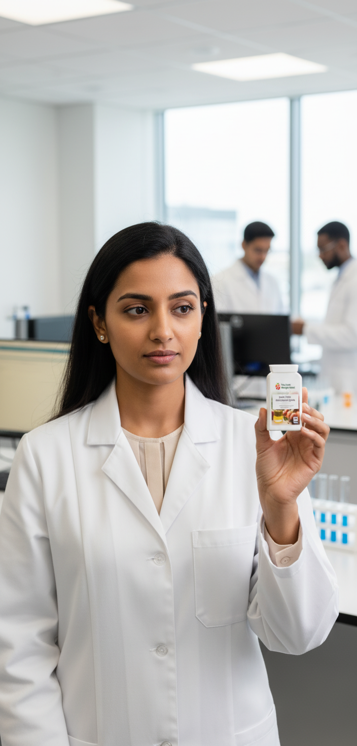 South Asian female pharmacist holding YouLoseWeightNow! Cherry Beetroot Energy Surge supplement, professional healthcare setting
